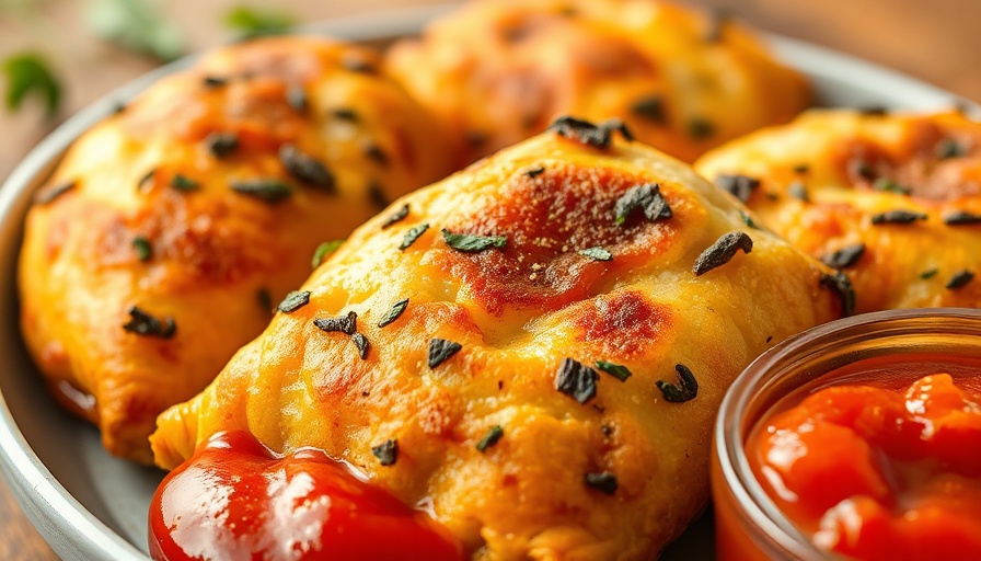 Delicious high-protein pizza hot pockets with tomato sauce.
