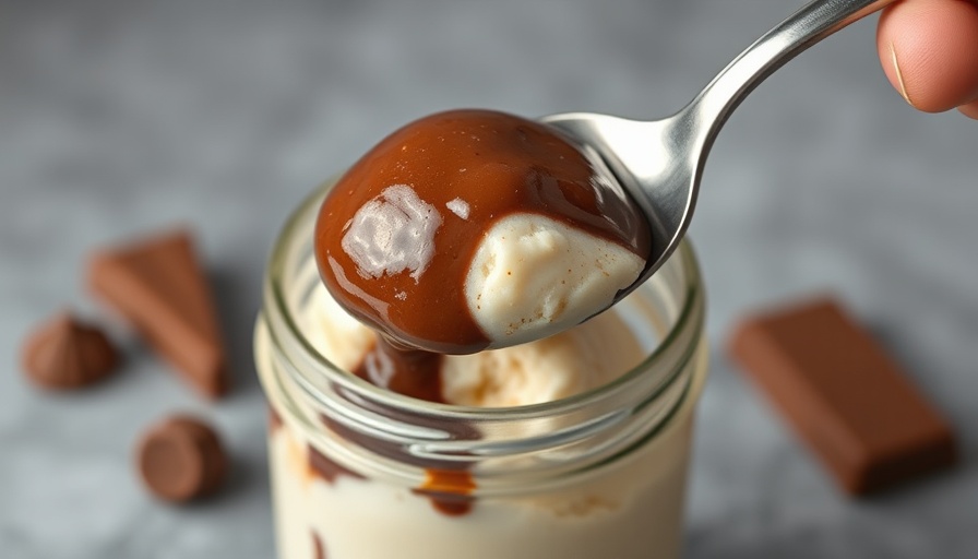Spoon scooping homemade magic shell over ice cream in jar.