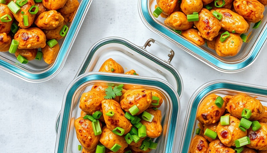 Meal Prep Baked Peanut Chicken in glass containers, garnished with greens.