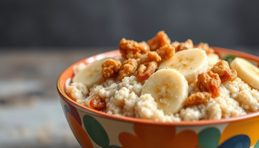 Fluffy banana stovetop oatmeal with toppings in a bowl.