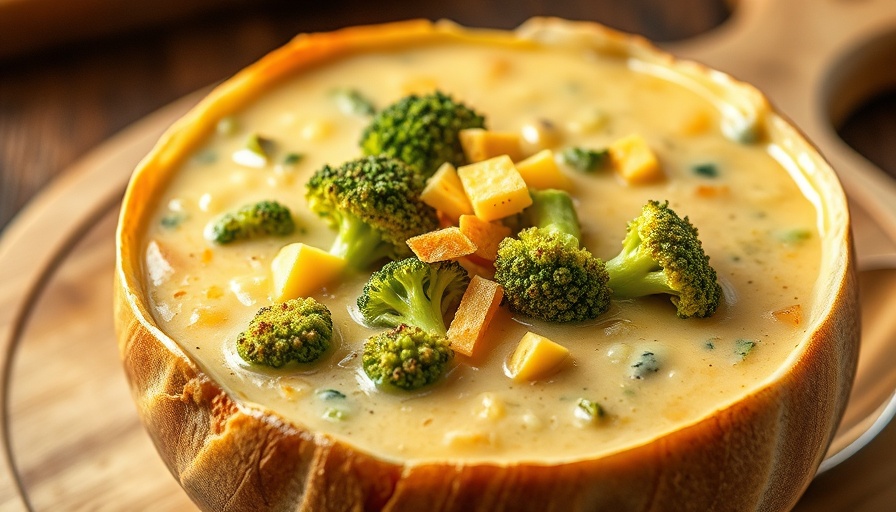 Delectable Panera Broccoli Cheddar Soup in a bread bowl on wooden board.