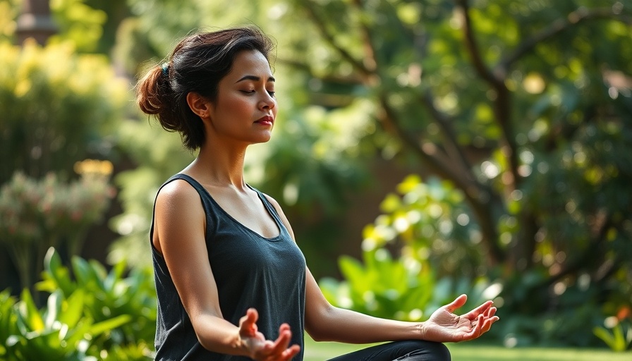 Mindful Menopause Guide meditation outdoors in serene garden.