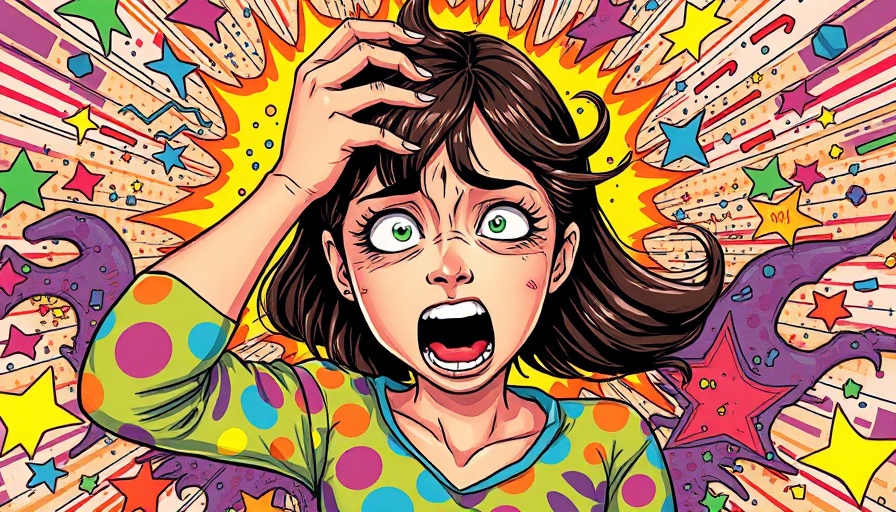 Distressed woman holding head amidst colorful chaos, representing stress.