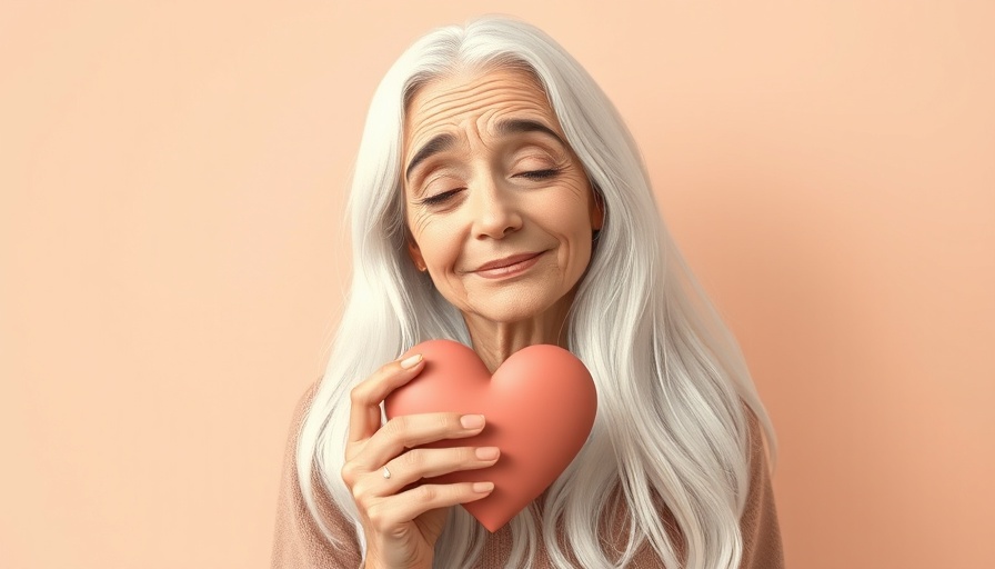 Healthy Aging and Longevity: Older woman holding heart symbol in serene, cartoon style.