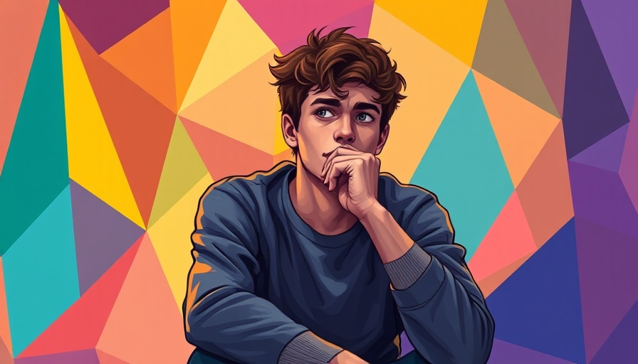 Young man contemplating in colorful abstract scene, overcoming decision stress.
