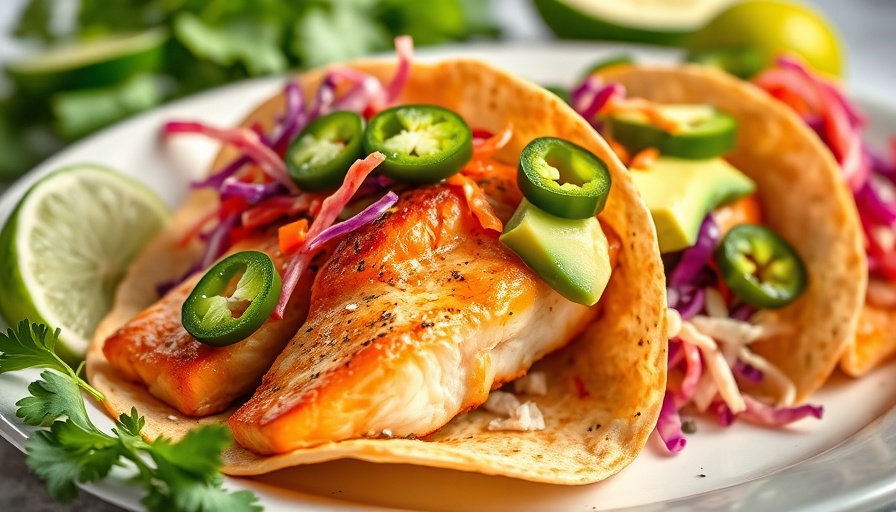 Grilled Salmon Tacos with Avocado Crema, vibrant and colorful.