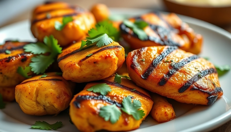 Grilled turmeric chicken garnished with cilantro on a white plate.
