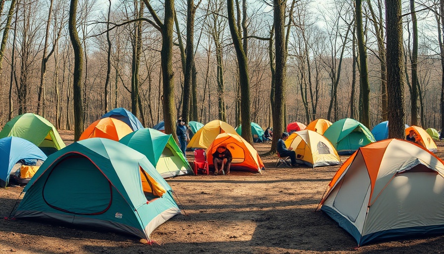 Outdoor Adventurous Activities training for PE teachers: colorful tents in a forest.