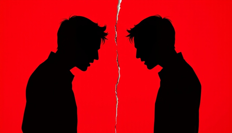 Abstract silhouettes symbolizing escaping toxic relationships, with a jagged tear between them, against a red background.