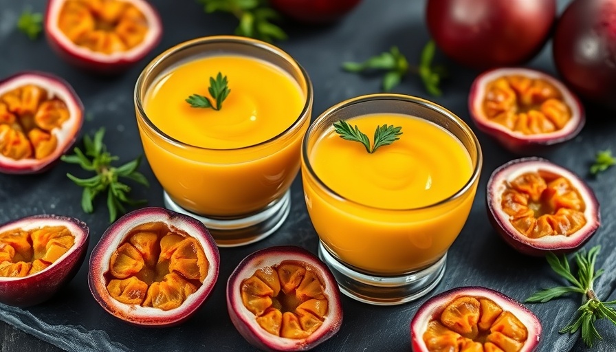 Healthy passion fruit curd recipes in glass bowls on black slate.