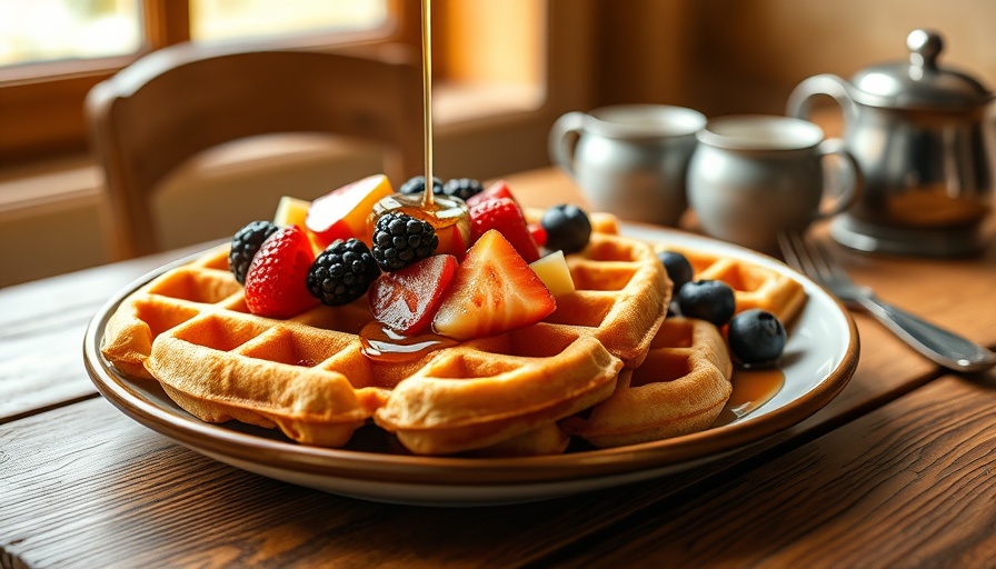 Golden brown cottage cheese waffles with fruit and syrup