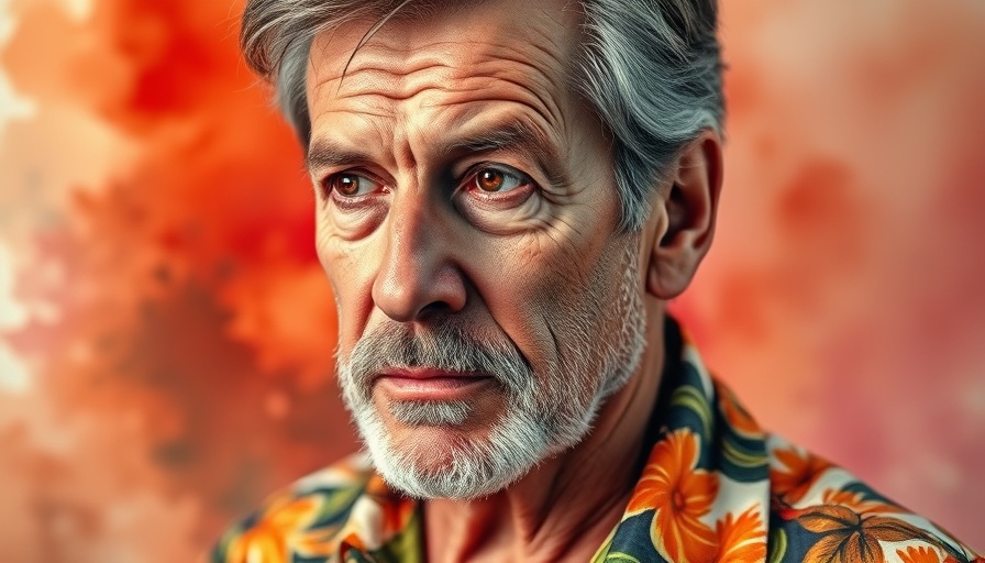 Middle-aged man in tropical shirt contemplating, healthy aging and longevity, watercolor portrait.