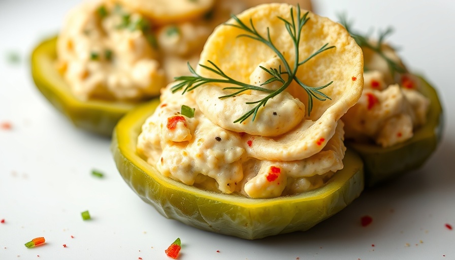 Easy deviled pickles topped with dill and paprika.