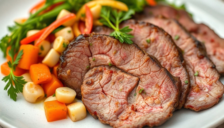 Juicy brisket recipe, sliced with vegetables and herbs on plate.