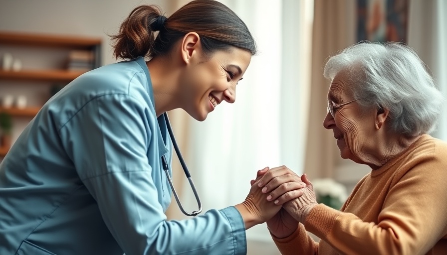 Caring nurse and elderly woman holding hands, nursing home placement experience.