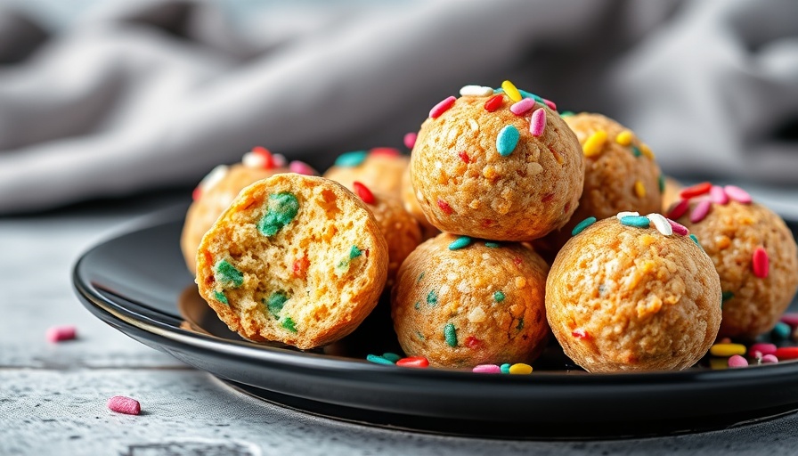 Colorful cake batter protein balls topped with sprinkles.