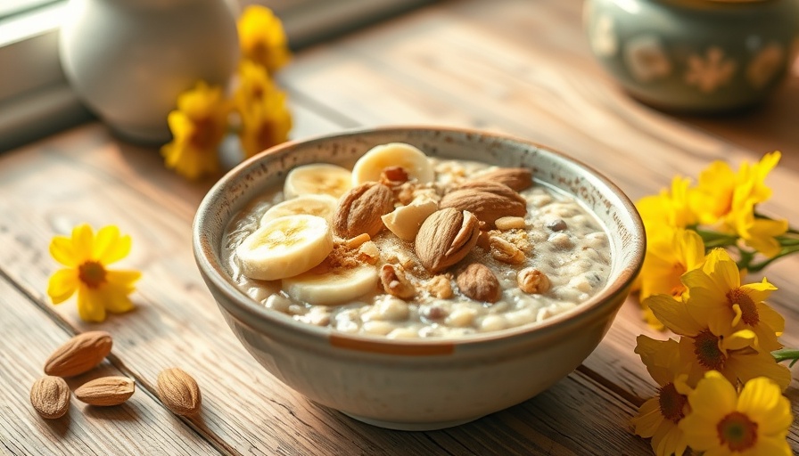 Bowl of healthy porridge topped with bananas and almonds, Navratri recipe.