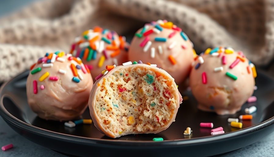Colorful cake batter protein balls with rainbow sprinkles.
