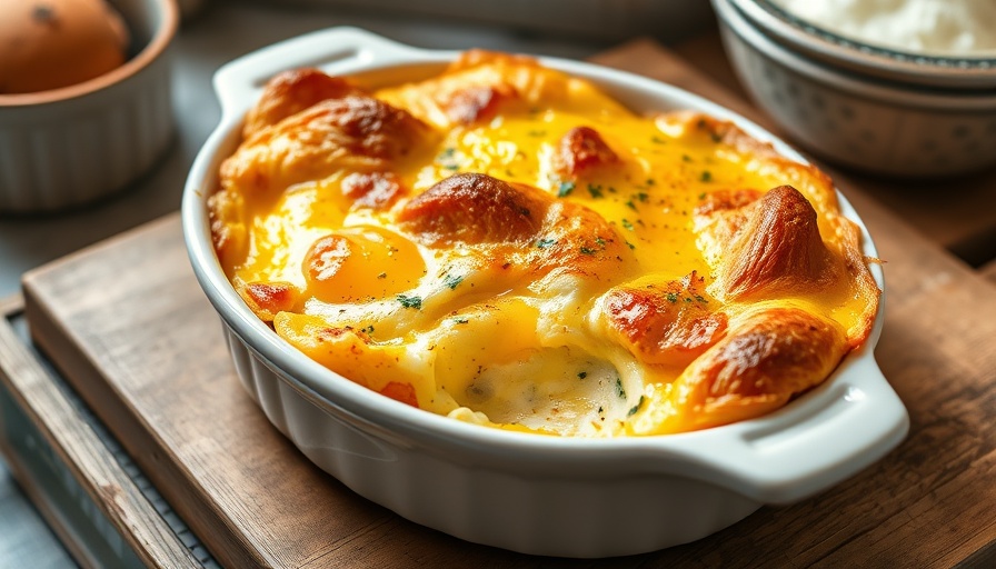 Golden egg and croissant breakfast casserole in white dish.