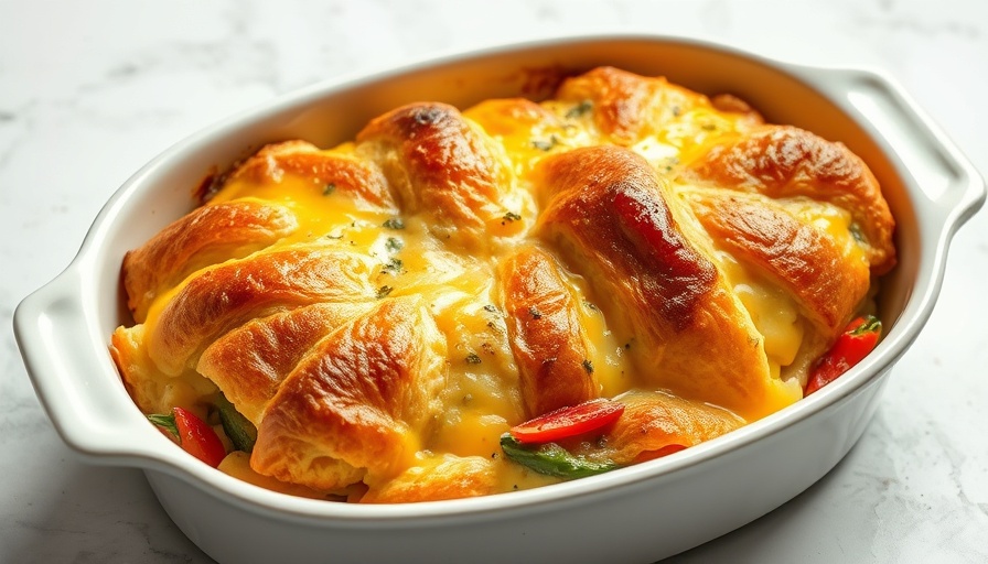 Egg and croissant breakfast casserole with melted cheese.
