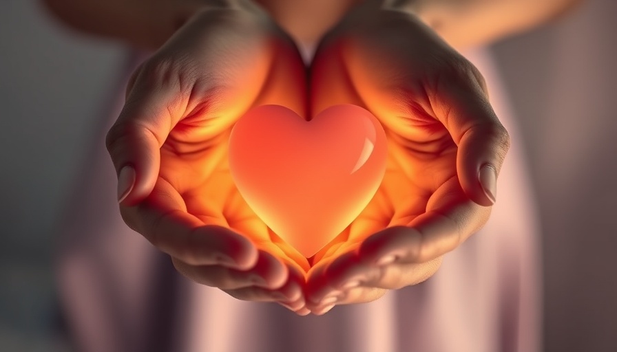 Symbol of emotional support and healing, glowing heart in hands.
