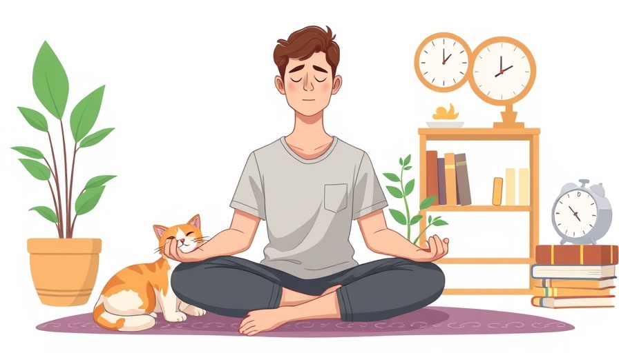 Meditation teacher's serene practice with cat, in cozy setting.