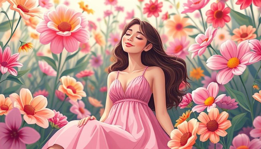 Living Fully Now: Woman relaxing in a colorful garden illustration.