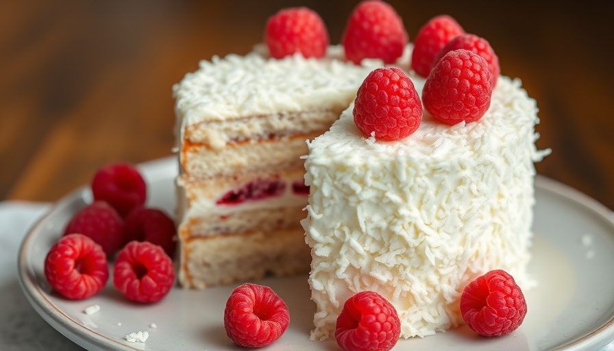 Coconut layer cake with fresh raspberries, photorealistic.