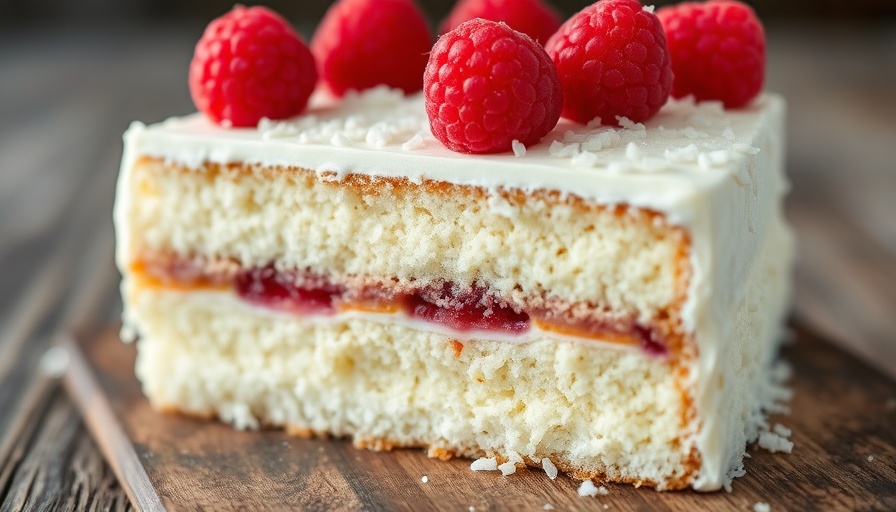 Slice of coconut layer cake with raspberries on a plate.