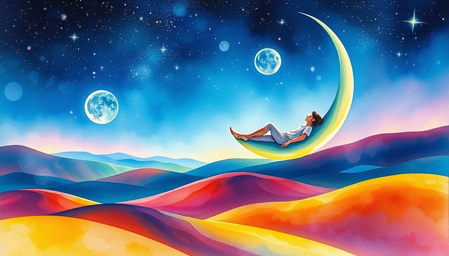 Dreamy watercolor of person on crescent moon, vivid landscape.