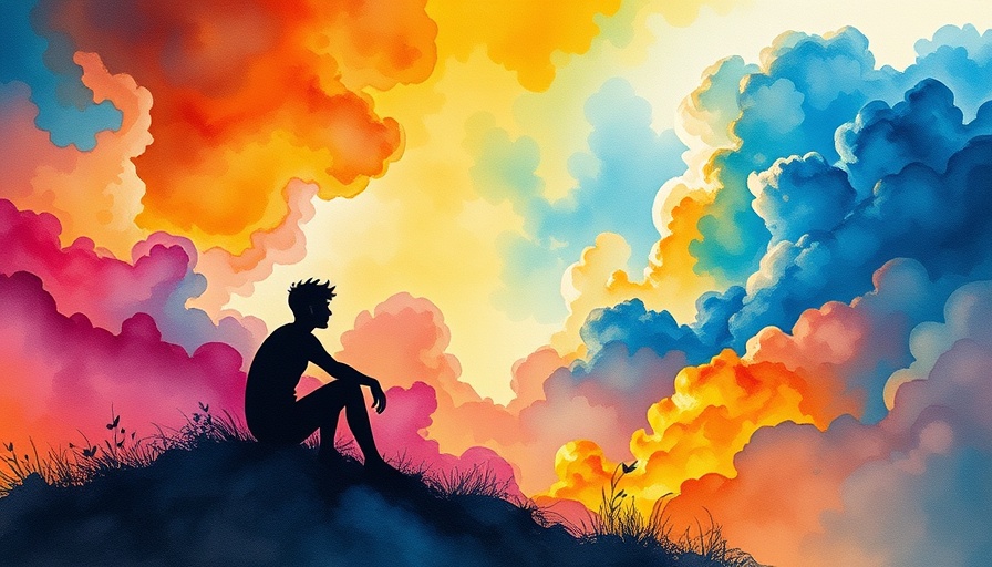 Vibrant watercolor of person on hill, letting go of overthinking.