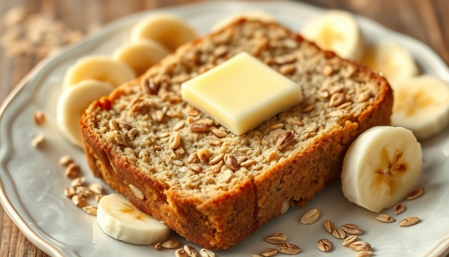 Moist banana oatmeal bread slice surrounded by banana slices and oats, healthy recipes.