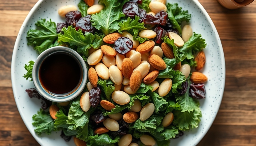 Quick healthy meal featuring a kale, almond, and white bean salad.
