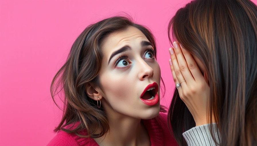 Two women sharing gossip, one shocked, pink background.