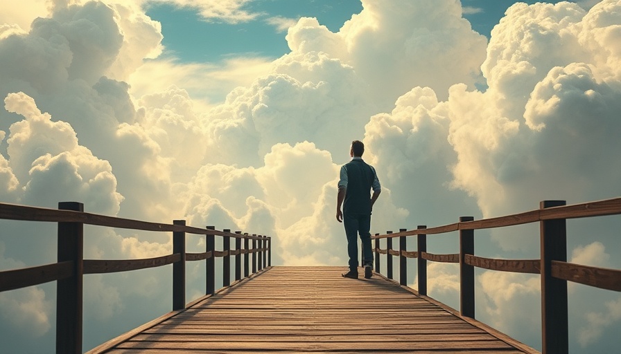 Trusting the Pause: Solitary figure on pier into clouds, surreal painting.