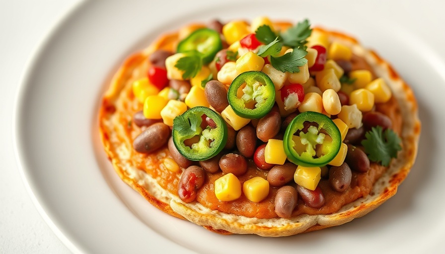 Healthy recipes tostada with corn and jalapeños on a plate.