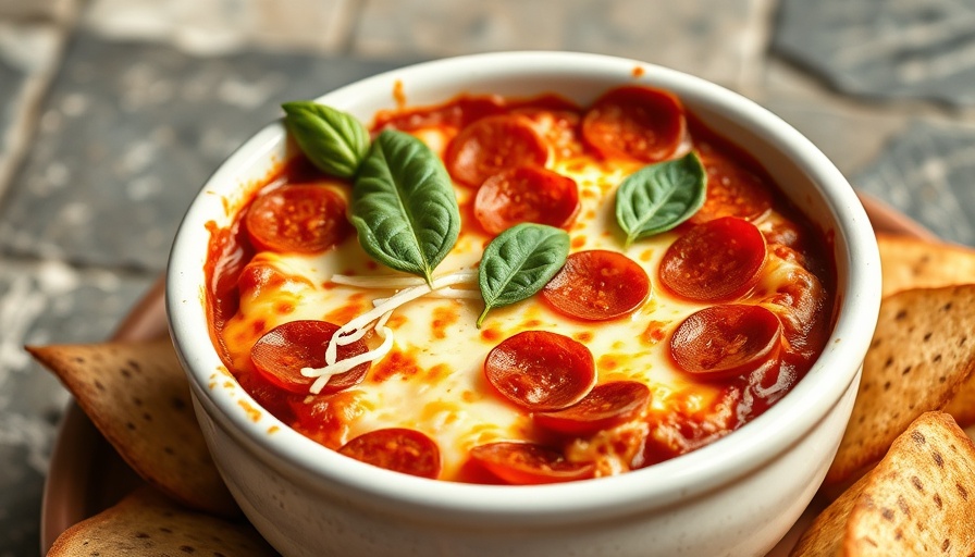 Cheesy pepperoni dip in bowl, quick meals idea.