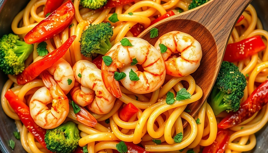 Colorful pasta dish with seafood and veggies for quick meals.