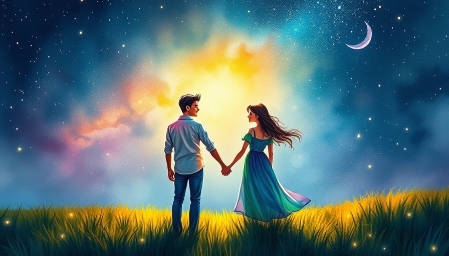 Couple finding love under starry sky, watercolor