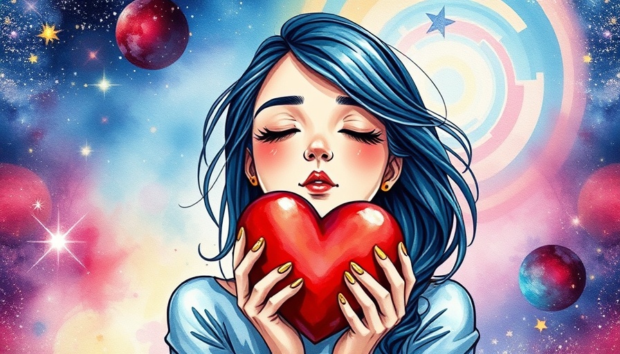 Colorful illustration of a woman holding a heart in a cosmic space.