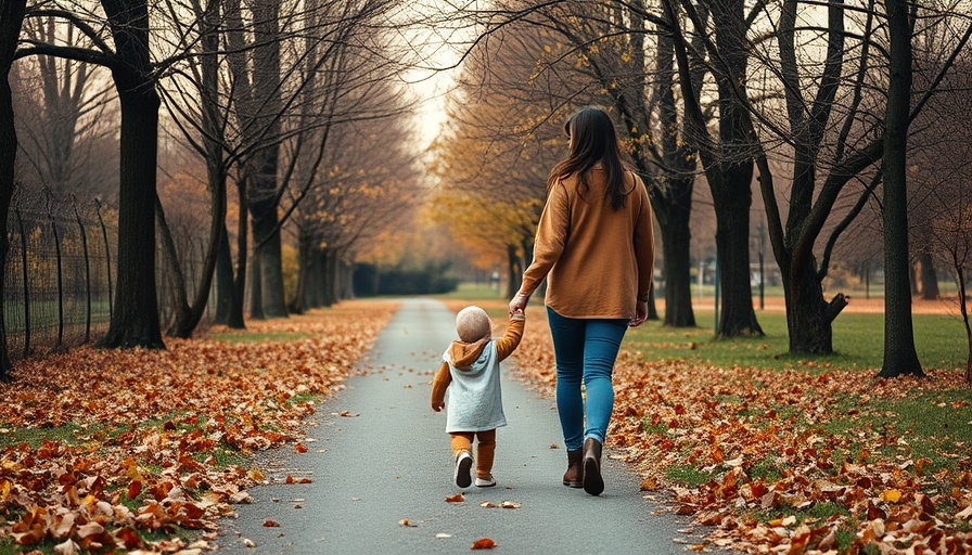 Mother and child walking in autumn park, symbolizing reflections on motherhood and letting go.