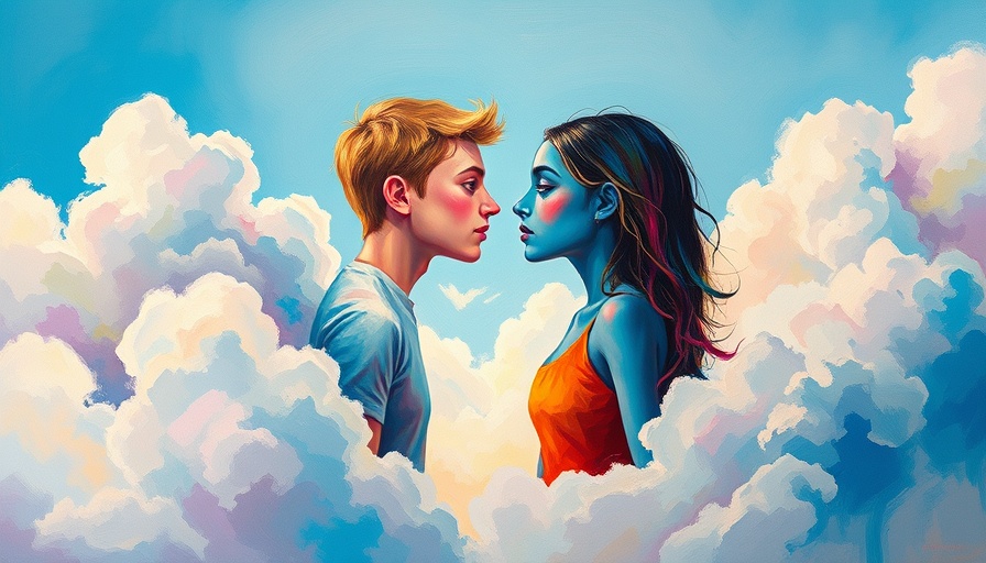 Surreal painting of people facing each other in a sky with clouds, mindset shifts to stop worrying about what other people think.