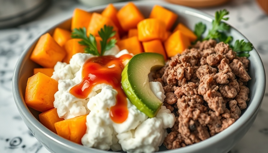 Colorful quick meals: Bowl of veggies, beef, and cottage cheese.