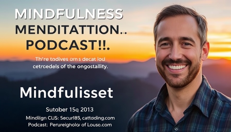 Mindfulness meditation podcast promotion with mountain backdrop.