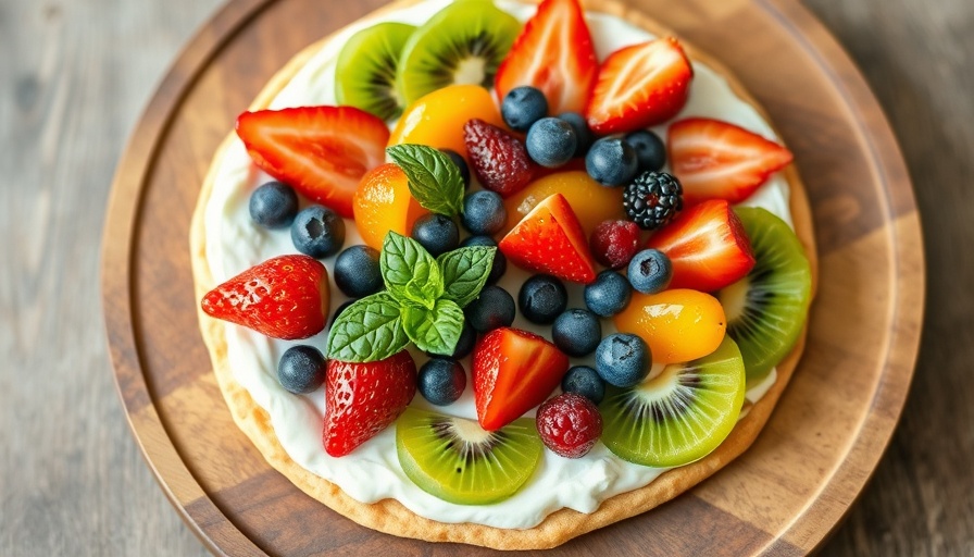 Colorful fruit pizza with assorted berries and kiwi, healthy recipes.