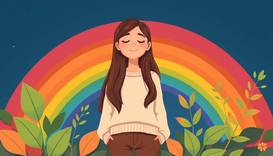 Peaceful woman content in front of rainbow; rediscover hope.