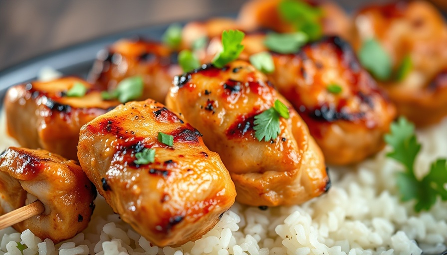 Grilled marinated chicken skewers on rice with herbs, quick meals.