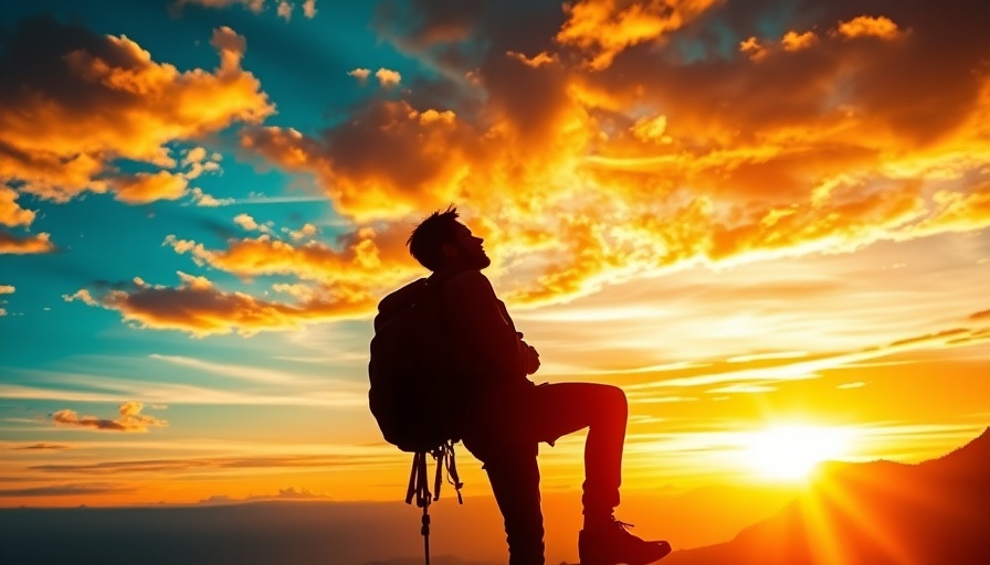 Silhouette of climber reaching the summit at sunset.