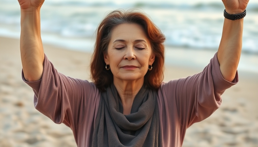 Middle-aged woman practicing yoga on a beach for healthy aging.