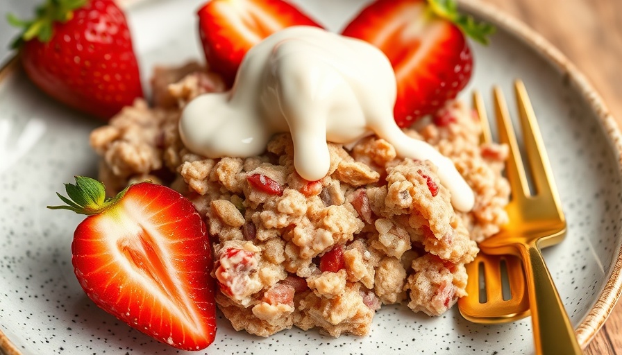 Healthy strawberry oat dessert with drizzle on a speckled plate.